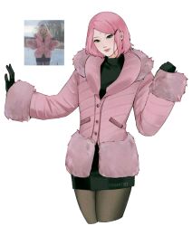  1girl artist_name black_gloves black_shirt black_skirt black_thighhighs bob_cut boruto:_naruto_next_generations buttons closed_mouth commentary cosplay cropped_legs facial_mark film_grain forehead_mark fur-trimmed_jacket fur-trimmed_sleeves fur_trim gloves green_eyes hair_ornament hairclip haruno_sakura head_tilt highres hood hooded_jacket jacket light_smile lipgloss looking_at_viewer naruto_(series) pencil_skirt photo-referenced photo_inset pink_hair pink_jacket reference_inset sabrina_carpenter sabrina_carpenter_(cosplay) shirt skirt swept_bangs symbol-only_commentary tenartistt thigh-highs turtleneck w_arms watermark white_background 
