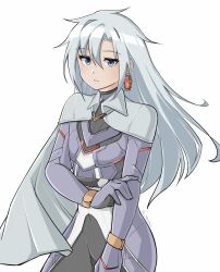  1girl a_(xenoblade) armored_bodysuit asymmetrical_bangs blue_eyes cape commentary core_crystal_(xenoblade) earrings english_commentary grey_cape grey_hair hair_between_eyes highres jewelry long_hair looking_at_viewer parted_bangs parted_lips pax_(seo7h) simple_background single_earring solo standing white_background xenoblade_chronicles_(series) xenoblade_chronicles_3 xenoblade_chronicles_3:_future_redeemed 