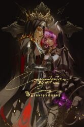  2girls ahoge armor black_gauntlets cape commentary crown demon_girl demon_horns demon_tail english_commentary eyepatch gauntlets general_geega gloves gravitydusty grey_hair heart heart_ahoge highres horns indie_virtual_youtuber ironmouse ironmouse_(mouse_of_the_cloth) knight multiple_girls nun nun_headdress palms_together pink_hair pointy_ears purple_hair red_eyes skull spiked_boots tail veil violet_eyes virtual_youtuber 