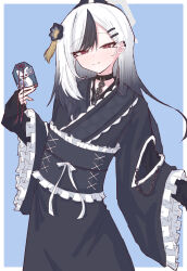  1girl absurdres black_flower black_hair black_kimono blue_archive blue_background border chain closed_mouth ear_piercing flower frilled_sash frilled_sleeves frills gradient_hair hair_flower hair_ornament hairclip half-closed_eyes halo highres holding horns japanese_clothes karehurin kayoko_(blue_archive) kimono long_hair long_sleeves looking_at_viewer multicolored_hair obi piercing red_eyes sash sleeves_past_wrists smile solo textless_version two-tone_hair white_border white_hair 