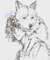  1boy animal animal_on_back commentary crescent curtained_hair ellieaedon english_commentary facial_mark forehead_mark greyscale highres looking_at_viewer monochrome noctis_(shadow_slave) robe shadow_slave short_hair sketch smile smirk wolf 