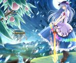 boots cross-laced_footwear food fruit full_moon hands_on_hilt hat hinanawi_tenshi keystone lace-up_boots long_hair long_skirt looking_at_viewer miyakure moon peach red_eyes rock shimenawa skirt sky smile solo sword sword_of_hisou touhou water waterfall weapon