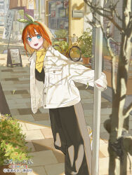  1girl banner bicycle black_dress blue_eyes blush building commentary_request copyright_name copyright_notice day dress feet_out_of_frame go-toubun_no_hanayome green_ribbon hair_ribbon highres holding holding_pole jacket jacket_over_dress lamppost long_dress long_sleeves looking_at_viewer menu_board nakano_yotsuba official_art open_mouth orange_hair outdoors pole ribbon road sidewalk smile solo standing sweater sweater_under_dress teeth tree un_(un0044) upper_teeth_only white_jacket yellow_sweater 