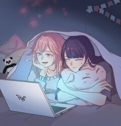  2girls absurdres animal_ears blunt_bangs character_doll closed_eyes closed_mouth commentary computer couple crossed_arms doll english_commentary fox_ears fox_girl genshin_impact hair_between_eyes hand_on_own_chin happy highres hugging_object laptop long_hair lying multiple_girls on_bed on_stomach open_mouth pillow pink_hair purple_hair raiden_shogun rarebiart scared shade short_sleeves sigh smile stuffed_animal stuffed_toy sweatdrop under_covers violet_eyes yae_miko yae_miko_(fox) yuri 
