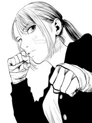  1girl bandaid bandaid_on_cheek bandaid_on_face breasts commentary_request dutch_angle earrings eyebrows_hidden_by_hair fighting_stance from_below hand_wraps highres jacket jewelry lee_(dragon_garou) light_blush medium_breasts monochrome original parted_lips ponytail portrait profile sidelocks solo stud_earrings 