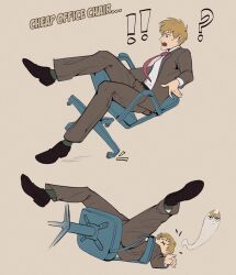  ! !! 1boy ? black_shoes blonde_hair chair collared_shirt commentary english_commentary english_text full_body grey_suit haekchi highres male_focus mob_psycho_100 multiple_views necktie office_chair on_chair open_mouth purple_necktie reigen_arataka shirt shirt_tucked_in shoes short_hair simple_background sitting socks suit swivel_chair white_background white_shirt 
