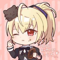  1girl ahoge ando_tazusa animal animal_on_head assault_lily black_ribbon blonde_hair buttons cat cat_on_head character_name chibi commentary_request doughnut food food_on_face hair_between_eyes hair_ribbon hands_up happy_birthday high_ponytail highres holding holding_donut holding_food jewelry juliet_sleeves long_sleeves looking_at_another neck_ribbon on_head one_eye_closed parted_lips pink_background ponokaijo ponytail puffy_sleeves purple_ribbon red_eyes ribbon ring school_uniform shirt short_hair solo striped_background striped_ribbon twitter_username white_shirt yurigaoka_girls_academy_school_uniform 