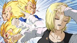  1boy 1girl absurdres adjusting_hair android_18 black_shirt bleeding blonde_hair blood breasts closed_eyes collarbone commentary dragon_ball dragon_ball_z earrings english_commentary facing_away fighting fingernails goketerhc green_eyes hand_in_own_hair highres jewelry large_breasts long_sleeves meme motion_lines multiple_views muscular naoya_hitting_choso_without_looking_(meme) open_mouth punching rapid_punches scene_reference shirt short_hair slapping smear_frame speed_lines spiky_hair striped_sleeves super_saiyan super_saiyan_1 tank_top upper_body v-shaped_eyebrows vegeta 