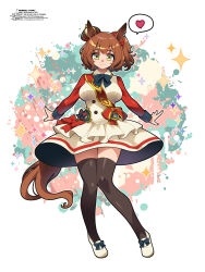  1girl animal_ears aston_machan_(flare)_(umamusume) aston_machan_(umamusume) black_bow black_bowtie black_thighhighs bow bowtie breasts brown_hair closed_mouth commentary_request crown ear_ornament full_body green_eyes hair_ornament hair_scrunchie heart highres horse_ears horse_girl horse_tail large_breasts looking_at_viewer mini_crown red_scrunchie red_sleeves sash scrunchie shoes short_hair shoulder_sash signature smile solo sparkle sparkling_aura spoken_heart standing tail thigh-highs thighs tilted_headwear umamusume umigarasu_(kitsune1963) white_shoes 