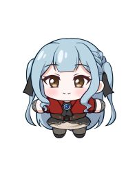  1girl bang_dream! bang_dream!_it's_mygo!!!!! black_ribbon black_skirt blue_hair chibi chibi_only closed_mouth commentary hair_ribbon highres jiwon_(sj1) long_hair oblivionis_(bang_dream!) red_shirt ribbon shirt short_sleeves sidelocks simple_background skirt solo symbol-only_commentary togawa_sakiko two_side_up white_background 