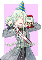  1girl absurdres bang_dream! bang_dream!_it's_mygo!!!!! birthday_sash border brooch character_doll commentary_request doll green_hair grey_jacket grey_skirt happy_birthday highres indoors jacket jewelry long_hair mortis_(bang_dream!) mortis_(costume)_(bang_dream!) open_mouth outside_border pink_background r@men simple_background skirt teeth upper_teeth_only wakaba_mutsumi wakaba_mutsumi_(doll) white_border yellow_eyes 