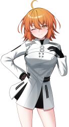  1girl absurdres ahoge black_gloves blush breasts chaldea_uniform command_spell commentary_request fate/grand_order fate_(series) fujimaru_ritsuka_(female) fujimaru_ritsuka_(female)_(decisive_battle_chaldea_uniform) gloves highres medium_breasts nigori_(keydoor) one_eye_closed orange_eyes orange_hair skirt solo 