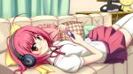  blush bow cellphone couch digital_media_player hair_bow headphones highres ipod kami_nomi_zo_shiru_sekai looking_at_viewer lying nakagawa_kanon on_back phone pink_hair pocky red_eyes school_uniform short_hair smile thighhighs vfenster wallpaper white_legwear zettai_ryouiki 