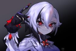  1girl arlecchino_(genshin_impact) artist_name black_background black_eyes black_gloves black_hair breasts claws closed_mouth english_commentary genshin_impact gloves glowing glowing_eyes gradient_background grey_background grey_vest hair_between_eyes hand_up highres jacket jewelry lapels large_breasts long_sleeves looking_at_viewer mizah_(mizah) multicolored_hair multiple_rings open_clothes open_jacket red_pupils ring shirt short_hair simple_background smile solo symbol-shaped_pupils two-tone_hair upper_body vest white_hair white_jacket white_shirt x-shaped_pupils 