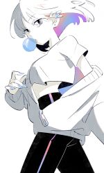  1girl blowing_bubble_gum blue_nails chewing_gum colored_inner_hair commentary cowboy_shot crop_top ear_piercing earrings from_side high-waist_pants highres jacket jewelry looking_at_viewer looking_to_the_side mashmash213 midriff multicolored_hair nail_polish off_shoulder original pants partially_unzipped piercing rainbow_hair shirt short_hair short_sleeves sideways_glance simple_background single_off_shoulder solo spot_color standing stud_earrings symbol-only_commentary tight_clothes tight_pants two-sided_fabric two-sided_jacket yoga_pants 