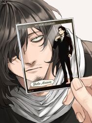  1boy aizawa_shota bags_under_eyes boku_no_hero_academia character_name clear_file_(object) closed_mouth commentary copyright_name eraser eyepatch facial_hair goatee hair_over_one_eye highres long_hair male_focus merchandise mustache_stubble rnuyvm scar scar_on_face solo stubble symbol-only_commentary white_background 