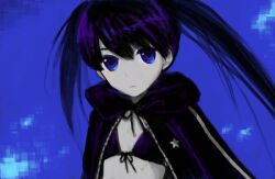  1girl :| bad_drawr_id bad_id bikini black_bikini black_hair black_rock_shooter black_rock_shooter_(character) blue_background blue_eyes closed_mouth flat_chest front-tie_bikini_top front-tie_top long_hair saikachi_(ogre_tree) short_hair solo star_(symbol) swimsuit twintails upper_body 