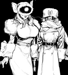  2girls arm_cannon belt breasts clenched_hands coat commentary_request covered_eyes dress facing_viewer fur_hat genderswap genderswap_(mtf) gloves grey_background greyscale hat highres humanization impossible_clothes impossible_dress large_breasts long_hair monochrome multiple_girls papakha parted_lips scar shockwave_(transformers) simple_background soundwave_(transformers) tatamintatamin transformers transformers:_generation_1 trench_coat ushanka weapon 