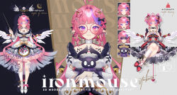  1girl absurdres ahoge angel angel_wings blush bubi_(ironmouse) controller demon_horns english_commentary game_controller heart heart_ahoge hen-tie heterochromia highres holding holding_controller holding_game_controller horns indie_virtual_youtuber ironmouse long_hair looking_at_viewer multicolored_hair pink_eyes pink_hair pointy_ears purple_streaks red_shoes see-through_horns shoes smile solo streaked_hair thigh-highs violet_eyes virtual_youtuber white_shoes white_thighhighs wings 