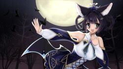  1girl 2000s_(style) absurdres animal_ears bat_(animal) bat_ears bat_girl bat_wings black_hair black_necktie blue_corset blue_dress blunt_bangs braid braided_hair_rings brooch corset crown detached_sleeves dress fang faux_retro_artstyle frilled_dress frills full_moon gothic_lolita grey_eyes hair_ornament hair_rings highres idoloid jewelry kiyoko_(utau) lolita_fashion looking_at_viewer low_wings mini_crown moon necktie night non-web_source official_art open_mouth outdoors short_hair sicklysiren skin_fang sky sleeveless sleeveless_dress solo standing star_(sky) starry_sky tree utau wing_hair_ornament wings 