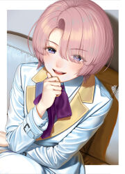  1girl arimura_mao asymmetrical_bangs blush border commentary_request gakuen_idolmaster hand_on_own_chin highres idolmaster jacket lapels long_sleeves looking_at_viewer neck_ribbon nekopuchi pink_hair purple_ribbon ribbon short_hair smile solo stroking_own_chin teeth upper_teeth_only violet_eyes white_border white_jacket 