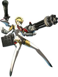  1girl absurdres aigis_(persona) blonde_hair blue_eyes fighting_stance full_body gatling_gun gun highres huge_weapon joints missile narrow_waist necktie official_art oribe_hanako persona persona_3 persona_4:_the_ultimate_in_mayonaka_arena red_necktie robot robot_joints simple_background solo standing third-party_source transparent_background weapon 