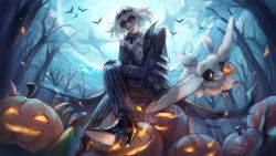  1boy bat_(animal) black_jacket black_shoes blanca_(fate) blue_eyes commentary cosplay english_commentary fate/grand_order fate_(series) full_moon grin highres jack-o'-lantern jacket male_focus moon oberon_(fate) on_pumpkin pants renrenka_noi round_eyewear shoes signature sitting skully_j._graves skully_j._graves_(cosplay) smile solo striped_clothes striped_pants the_nightmare_before_christmas twisted_wonderland zero_(nbc) zero_(nbc)_(cosplay) 