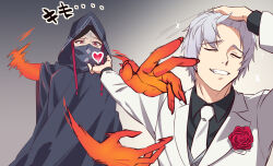  1boy 1girl adjusting_hair black_cloak black_hair black_hood cloak closed_eyes fate/strange_fake fate_(series) grey_robe hair_slicked_back hand_on_own_head highres hood hood_up hooded_cloak jacket jester_karture long_hair long_sleeves meme mikky_dksla naoya_hitting_choso_without_looking_(meme) necktie no_name_assassin_(fate) red_eyes robe scene_reference shirt short_hair smile suit white_hair white_suit zabaniya_(fate) 