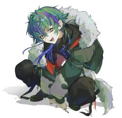  1boy :d absurdres between_legs bishounen black_pants black_shirt black_shoes bright_pupils coat commission crossed_bangs diamond-shaped_pupils diamond_(shape) ear_piercing fang full_body fur_collar gradient_hair green_coat green_eyes green_hair hair_between_eyes half-closed_eyes hamita_(rikopin_ika) hand_between_legs highres indie_virtual_youtuber jewelry looking_at_viewer looking_to_the_side male_focus multicolored_hair necklace open_mouth pants pendant piercing pinky_ring purple_hair ring scar scar_on_cheek scar_on_face second-party_source shirt shoes simple_background single_off_shoulder sleeves_past_wrists smile solo squatting streaked_hair symbol-shaped_pupils transparent_background turtleneck turtleneck_shirt v_arms white_pupils 