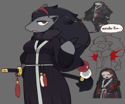  1girl aeng-du_(project_moon) aeng-du_(project_moon)_(cosplay) black_hair black_robe bleeding blood blood_on_clothes character_request commentary cosplay english_commentary english_text furry furry_female grey_background grey_fur hair_ornament headband highres holding holding_sheath limbus_company long_hair pokemon project_moon robe scabbard severed_arm severed_limb sheath simple_background speech_bubble svkhaiminh 