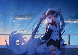  1girl aqua_hair bird black_coat black_gloves black_necktie black_shorts closed_mouth clouds coat collared_shirt commentary_request fur-trimmed_coat fur-trimmed_sleeves fur_trim gloves gradient_hair grey_eyes hair_between_eyes hair_ornament hair_ribbon hat hatsune_miku highres jacket long_hair long_sleeves looking_at_viewer luolun multicolored_hair necktie official_alternate_costume official_alternate_hairstyle red_hair red_ribbon red_shirt ribbon sailor_hat shirt short_shorts shorts sky smile snowflake_print snowflakes solo striped_clothes striped_thighhighs thigh-highs thighs twintails very_long_hair vocaloid white_hair white_jacket yuki_miku yuki_miku_(2022) 
