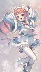  1girl :d ahoge aozora_himari arm_up blue_skirt blush bow bracelet commentary cropped_jacket drill_hair fur-trimmed_jacket fur-trimmed_sleeves fur_trim grey_leg_warmers hat highres himitsu_no_aipri jacket jewelry jumping leg_warmers long_hair looking_at_viewer outline pantyhose pink_bow pink_hair pretty_series rabbit_pose roly shirt shirt_tucked_in shoes shorts skirt smile snowflakes solo twin_drills very_long_hair violet_eyes white_hat white_outline white_pantyhose white_shirt white_shoes white_shorts 