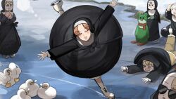 6+girls :d :o bird blonde_hair blue_eyes brown_hair chicken closed_eyes clumsy_nun_(diva) commentary diva_(hyxpk) duck english_commentary fallen_down freckles froggy_nun_(diva) from_above glasses glasses_nun_(diva) green_mittens grey_hair highres hungry_nun_(diva) ice ice_skates ice_skating little_nuns_(diva) mittens multiple_girls nose_bubble nun pink_mittens round_eyewear sheep_nun_(diva) skates skating smile spicy_nun_(diva) sunglasses traditional_nun 