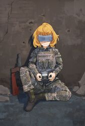  1girl blonde_hair boots bullet_hole camouflage camouflage_jacket camouflage_pants commentary commission controller curly_hair digital_camouflage english_commentary gun handgun head-mounted_display highres holding holding_controller jacket load_bearing_vest omiglop pants rubble russo-ukrainian_war short_hair sitting smile solo stechkin_aps tanya_degurechaff tanya_degurechaff_(sleepwalker) weapon youjo_senki 
