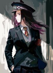  1girl absurdres animal_ears armband black_hair black_jacket closed_mouth collared_shirt commentary_request ears_through_headwear fenomeno_(umamusume) flipped_hair grey_sweater_vest hat highres horse_ears horse_girl jacket long_hair long_sleeves looking_to_the_side multicolored_hair necktie peaked_cap plaid_clothes plaid_skirt purple_hair red_armband red_necktie shirt skirt sweater_vest umamusume violet_eyes white_shirt yoojp 