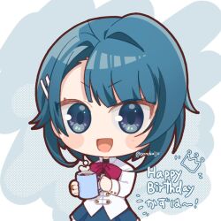  1girl :d aizawa_kazuha assault_lily asymmetrical_hair blue_eyes blue_hair blue_skirt blush bow bowtie character_name chibi coffee commentary_request cowboy_shot cup drawn_crown grey_background hair_ornament hairclip hands_up happy_birthday herensuge_girls_academy_school_uniform holding holding_cup jacket jewelry long_sleeves looking_at_viewer medium_hair mug open_mouth parallel_hairclips polka_dot polka_dot_background ponokaijo red_bow red_bowtie ring school_uniform skirt smile solo standing steam twitter_username two-tone_background v-shaped_eyebrows white_background white_jacket 
