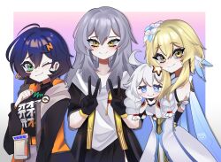  4girls :3 absurdres ahoge artist_name bare_shoulders belle_(zenless_zone_zero) black_gloves black_jacket black_skirt black_sweater blonde_hair blue_background blue_cape blue_eyes blue_hair bodysuit border braid breasts bright_pupils cape clenched_hand closed_mouth clothes_writing collarbone company_connection cowboy_shot crossover detached_sleeves double_v dress earrings feather_hair_ornament feathers flower from_side genshin_impact gloves gradient_background green_eyes grey_hair hair_between_eyes hair_flower hair_ornament half-closed_eyes hand_up hands_up highres honkai:_star_rail honkai_(series) honkai_impact_3rd hood hoodie hug huge_ahoge jacket jewelry kiana_kaslana kiana_kaslana_(white_comet) letter_hair_ornament long_hair long_sleeves looking_at_viewer low-braided_long_hair low-tied_long_hair lumine_(genshin_impact) medium_breasts mihoyo mini_person minigirl miniskirt mizah_(mizah) multiple_girls one_eye_closed open_clothes open_hoodie open_jacket orange_hoodie outside_border pink_background shirt short_hair sidelocks skirt sleeveless sleeveless_dress sleeveless_hoodie smile standing star_(symbol) star_hair_ornament stelle_(honkai:_star_rail) sweater t-shirt tassel trailblazer_(honkai:_star_rail) turtleneck turtleneck_sweater twin_braids two-tone_background v very_long_hair white_bodysuit white_border white_dress white_flower white_pupils white_shirt white_sleeves yellow_eyes zenless_zone_zero 