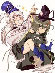  2girls :d absurdres anger_vein annoyed blue_boots blue_skirt blush boots carrying carrying_person commentary detached_sleeves dress frills ghost_tail green_dress green_eyes green_hair grey_eyes hand_on_another's_shoulder hat highres long_hair long_sleeves medium_hair mononobe_no_futo multiple_girls open_mouth piggyback pointing pointing_up ponytail shirt skirt smile soga_no_tojiko star-shaped_pupils star_(symbol) symbol-shaped_pupils tate_eboshi thighs touhou turtle-kun turtleneck turtleneck_shirt white_background white_hair white_shirt 