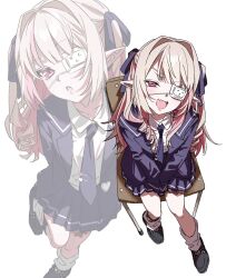  1girl :d :o black_shoes blazer blue_jacket blue_necktie blue_ribbon blue_sailor_collar blue_skirt blush chair collared_shirt colored_inner_hair drill_hair eyepatch fang fangs from_above full_body grey_hair hair_intakes hair_over_shoulder hair_ribbon heart highres jacket lapels leg_ribbon leg_tattoo long_hair long_sleeves looking_at_viewer loose_socks makaino_ririmu medical_eyepatch miniskirt monitoring_(vocaloid) multicolored_hair multiple_views necktie nijisanji notched_lapels official_alternate_costume official_alternate_hairstyle on_chair open_clothes open_jacket open_mouth parted_lips pink_hair pink_streaks pleated_skirt pointy_ears projected_inset red_eyes ribbon sailor_collar samehara_szk school_chair school_uniform shirt shirt_tucked_in shoes sidelocks sitting skirt sleeves_past_fingers sleeves_past_wrists smile socks standing standing_on_one_leg streaked_hair tattoo tie_clip two-tone_hair two_side_up v-shaped_eyebrows v_arms virtual_youtuber white_background white_shirt white_socks winged_heart winged_heart_tattoo 