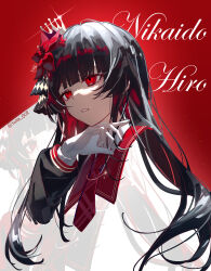  1girl absurdres artist_name black_hair blunt_bangs chinese_commentary commentary_request english_text gloves hair_ornament highres lanmei_nai_fu_ye long_hair long_sleeves mahou_shoujo_no_majo_saiban multicolored_hair necktie nikaido_hiro parted_lips red_background red_eyes red_hair red_necktie reflection sailor_collar shirt solo upper_body white_gloves 