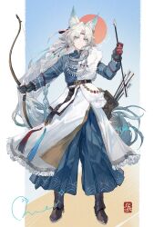  1girl alternate_costume animal_ear_fluff animal_ears arrow_(projectile) belt black_boots blue_hanfu boots bow_(weapon) braid braided_ponytail chinese_clothes earrings feixiao_(honkai:_star_rail) fox_ears fox_girl fur-trimmed_robe fur_trim gloves green_eyes hair_ornament hanfu highres honkai:_star_rail honkai_(series) jewelry long_hair looking_at_viewer necklace qqqne quiver robe sample_watermark signature smile very_long_hair watermark weapon white_hair white_robe 
