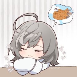  1girl :3 ahoge arms_on_table assault_lily blush chibi closed_eyes closed_mouth clouds commentary_request dreaming food gradient_background grey_background grey_hair head_rest herensuge_girls_academy_school_uniform highres jacket long_sleeves multicolored_hair oversized_clothes oversized_food oversized_object ponokaijo riding sasaki_ran school_uniform sleeping sleeping_upright sleeves_past_fingers sleeves_past_wrists smile solo speech_bubble squeans streaked_hair striped_background taiyaki thought_bubble twitter_username upper_body wagashi white_jacket 