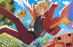  1boy 2others a_minecraft_movie allay alternate_costume animification axe bee bee_(minecraft) bird_boy bird_wings black_shirt blonde_hair blue_eyes brown_hair bug commentary copyright_name crossover dynamic_pose enderman english_commentary flower ghast grass grian_(youtuber) grin happy_ghast hermitcraft highres holding holding_axe jacket looking_at_viewer luminous_slime male_focus minecraft minecraft_youtube multiple_others open_clothes open_jacket outdoors pants parrot_boy red_jacket red_pants sheep sheep_(minecraft) shirt short_hair sky smile solo_focus tree wings 