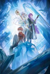  1boy 2girls absurdres black_hair black_pantyhose black_robe blunt_bangs capelet cave closed_mouth commentary_request cookie052070521 crystal crystal_cave dress earrings elf fern_(sousou_no_frieren) frieren grey_pants highres holding holding_staff jacket jewelry long_hair long_sleeves looking_to_the_side mage_staff multicolored_hair multiple_girls on_rock pants pantyhose parted_bangs pointy_ears purple_hair red_hair red_jacket robe rock short_hair sitting sousou_no_frieren staff standing stark_(sousou_no_frieren) teardrop_earrings twintails two-tone_hair very_long_hair violet_eyes white_capelet white_dress 