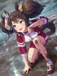  absurdres animal_ears aqua_eyes artist_request bow breasts brown_hair clouds cloudy_sky collarbone crest day dirty dot_nose eyelashes fang floating_hair fox_mask game_cg gym hair_bow hair_ribbon hand_on_ground happy highres horse_ears horse_girl horse_tail inari_one_(umamusume) jacket knees large_breasts light_blush long_sleeves looking_to_the_side mask mask_on_head mud multicolored_jacket multicolored_shoes official_art on_one_knee open_mouth outdoors pocket puddle purple_ribbon rain red_jacket red_shoes red_shorts ribbon running_track shirt shoes short_hair shorts skin_fang sky sleeves_rolled_up smile sneakers socks tail third-party_source tracen_training_uniform track_jacket tsurime two-tone_jacket two-tone_shoes umamusume v-shaped_eyebrows wet white_jacket white_mask white_shirt white_shoes white_socks wind yellow_bow zipper zipper_pull_tab 