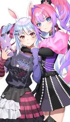  2girls absurdres animal_ears arm_around_neck arm_warmers asymmetrical_clothes black_bow black_choker black_nails black_shirt black_skirt blue_eyes blue_hair bow cellphone center-flap_bangs choker closed_mouth commentary_request frilled_skirt frills gashino hair_bow hair_intakes hair_ornament high_ponytail highres holding holding_another's_arm holding_phone hololive hololive_dev_is kikirara_vivi kikirara_vivi_(flowglow_uniform) layered_skirt light_frown long_hair looking_at_viewer mark_under_eye multicolored_hair multicolored_nails multicolored_skirt multiple_girls nail_polish official_alternate_costume official_alternate_hairstyle phone pink_hair plaid_clothes plaid_skirt ponytail pout print_shirt purple_hair purple_nails purple_shirt rabbit-shaped_pupils rabbit_ears rabbit_girl rabbit_o-ring red_arm_warmers red_bow red_eyes red_nails red_skirt shirt short_eyebrows side-by-side single_arm_warmer skirt small_sweatdrop spiked_choker spikes striped_arm_warmers symbol-shaped_pupils thick_eyebrows thigh-highs twintails usada_pekora usada_pekora_(punk_angel) virtual_youtuber white_background white_skirt 
