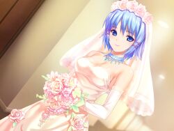  1girl baseboard blue_eyes blue_hair bouquet breasts bridal_veil ceiling_light choker detached_sleeves dress flower_dress game_cg hair_ornament highres himuro_rikka holding holding_bouquet koutaro lace_trim medium_breasts pink_dress short_hair smile strapless strapless_dress tropical_kiss veil wedding_dress x_hair_ornament 