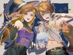  1boy 1girl 2024 animal_earrings animal_ears black_dress black_gloves black_hair black_pants blonde_hair blue_background blue_eyes braid breasts claws commentary_request corset cowboy_shot crown_braid dress elbow_gloves fangs fingerless_gloves gloves green_eyes hair_between_eyes hair_ornament hairclip happy_halloween hat highres holding holding_skull kemonomimi_mode korean_commentary link long_hair medium_breasts midriff open_mouth pants parted_bangs princess_zelda purple_corset shirt short_hair sidelocks skull sparkle tail the_legend_of_zelda the_legend_of_zelda:_breath_of_the_wild tikoto_2023 torn_clothes torn_shirt turtleneck turtleneck_dress werewolf_costume white_shirt witch witch_hat wolf_boy wolf_ears wolf_tail 