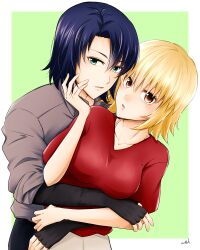  1boy 1girl athrun_zala black_gloves blonde_hair blue_hair border brown_eyes cagalli_yula_athha cara0w0mel collarbone commentary_request couple fingerless_gloves gloves green_background green_eyes grey_shirt gundam gundam_seed hetero highres hug hug_from_behind medium_hair open_mouth red_shirt shirt short_hair short_sleeves signature upper_body white_border 