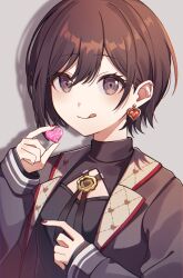  1girl black_jacket black_sweater brown_eyes brown_hair brown_nails candy closed_mouth commentary_request dated_commentary earclip earrings film_grain fingernails food grey_background hand_up heart heart_earrings heart_print highres holding holding_candy holding_food jacket jewelry kikutouji lapels licking_lips long_sleeves looking_at_viewer nail_polish notched_lapels open_clothes open_jacket parted_bangs project_sekai shinonome_ena short_hair simple_background solo sweater tongue tongue_out turtleneck turtleneck_sweater upper_body 